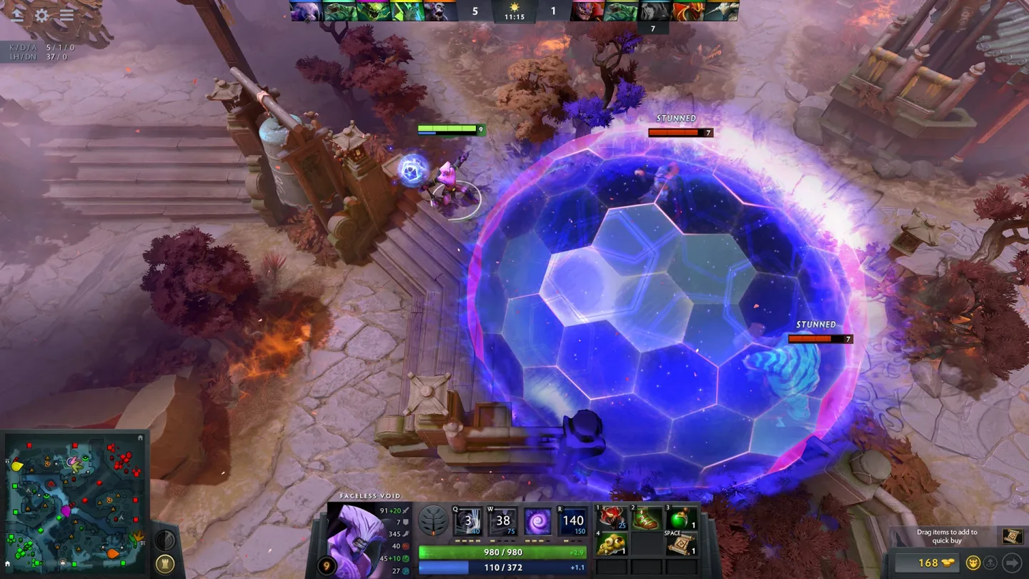 Dota 2 publisher screenshot showing Faceless Void’s purple Chronosphere on the battlefield.